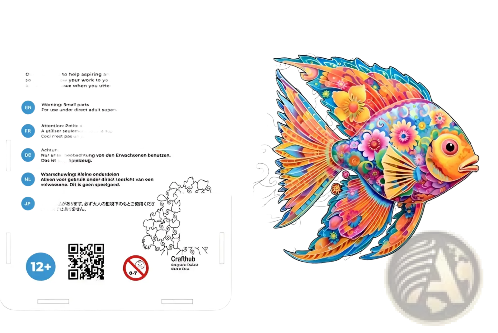 A vibrantly colored wooden animal puzzle featuring a detailed fish with floral patterns for decorative use