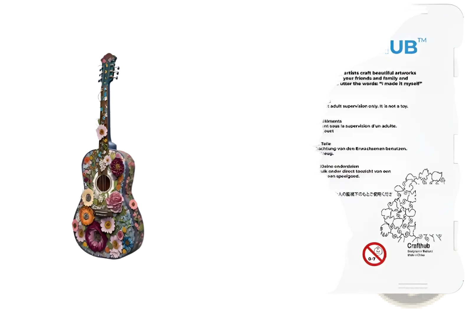 Colorful wooden acoustic guitar puzzle with intricate floral patterns from wooden animal and yin yang jigsaw set