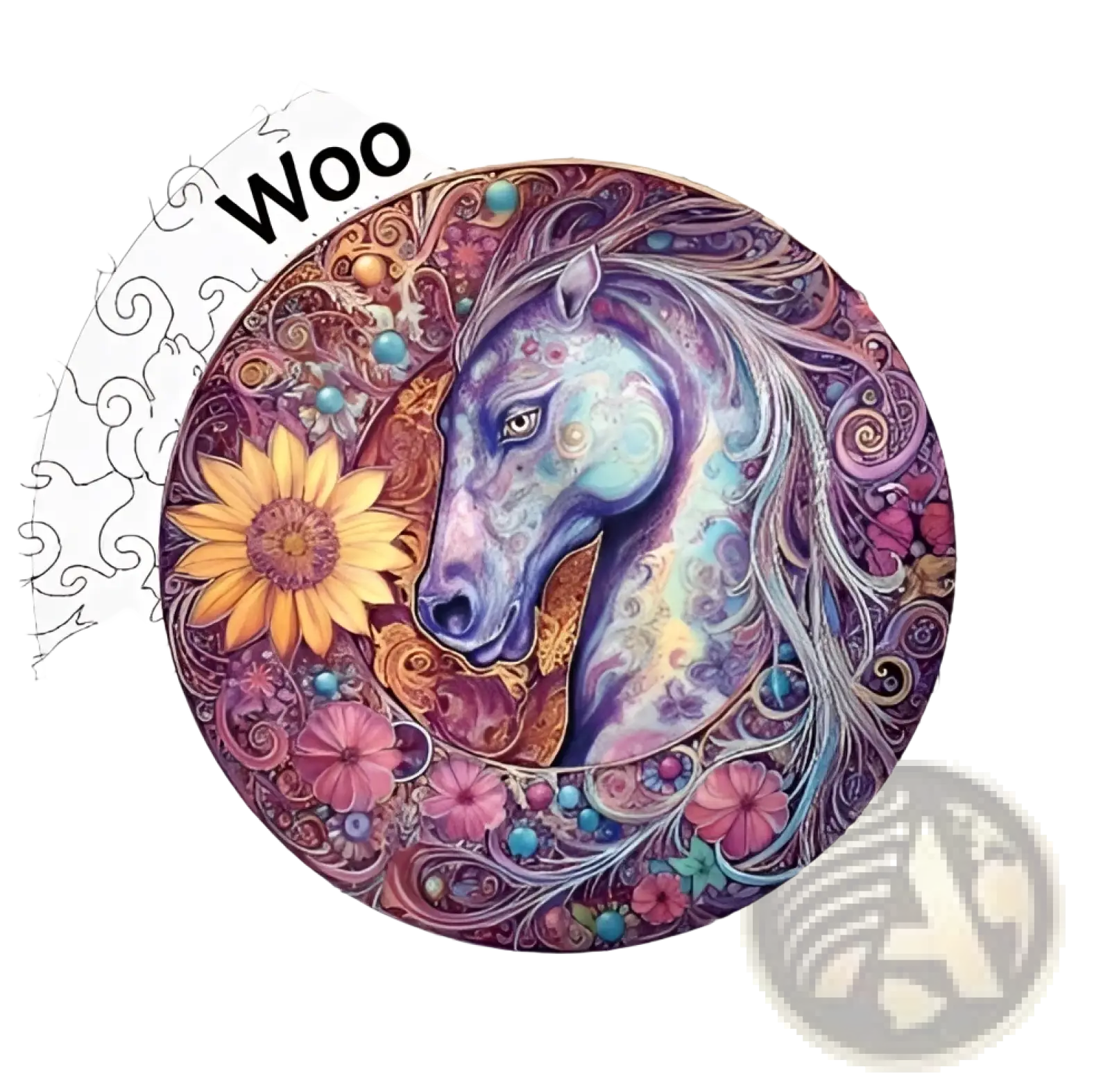 A circular wooden animal puzzle with vibrant purple and blue horse surrounded by colorful flowers and patterns