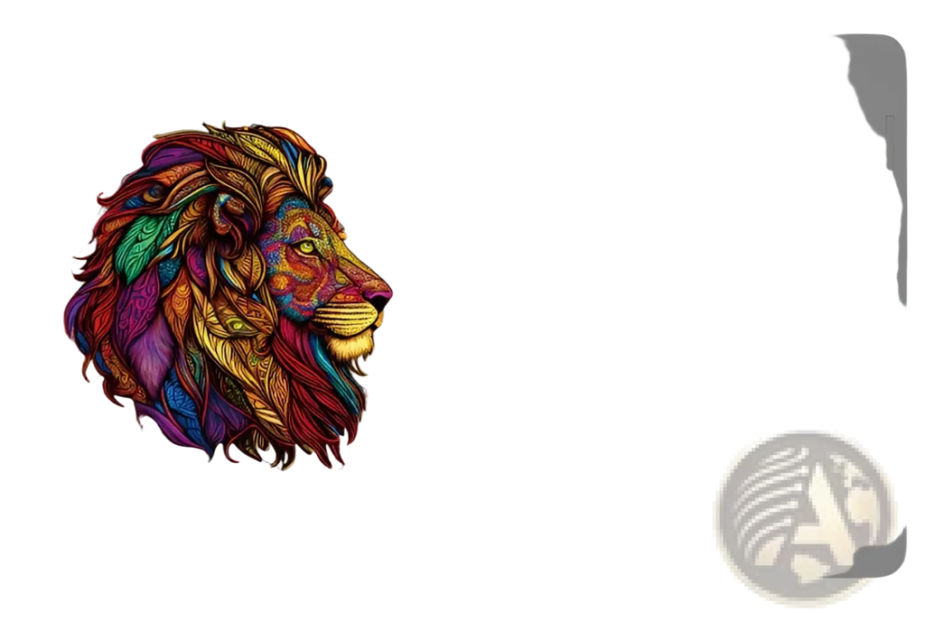 A vibrantly colored wooden animal puzzle featuring an intricately designed lion head with rainbow hues and detailed patterns