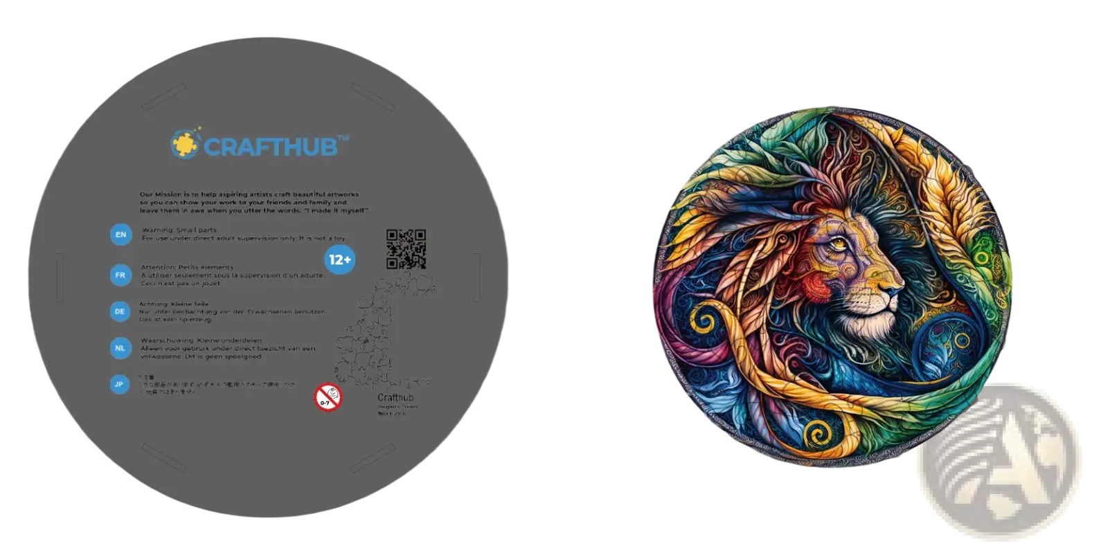 A vibrant wooden animal and yin yang jigsaw puzzle featuring a colorful lion with a flowing multicolor mane
