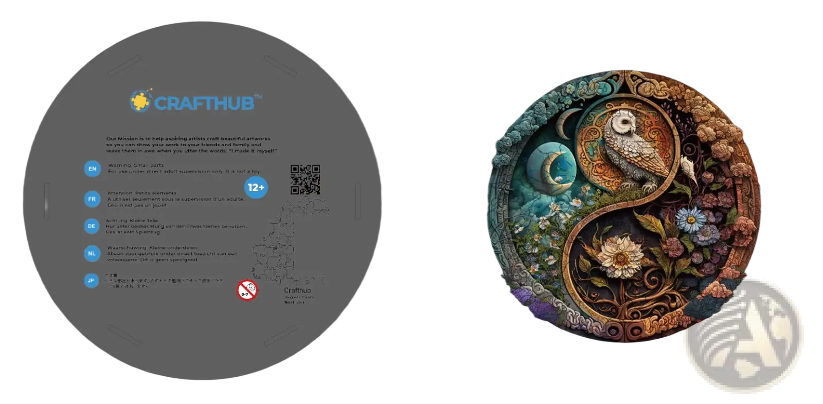 Intricately designed wooden animal and yin yang jigsaw puzzle featuring teal, gold, and earthy tones with owl and celestial motifs