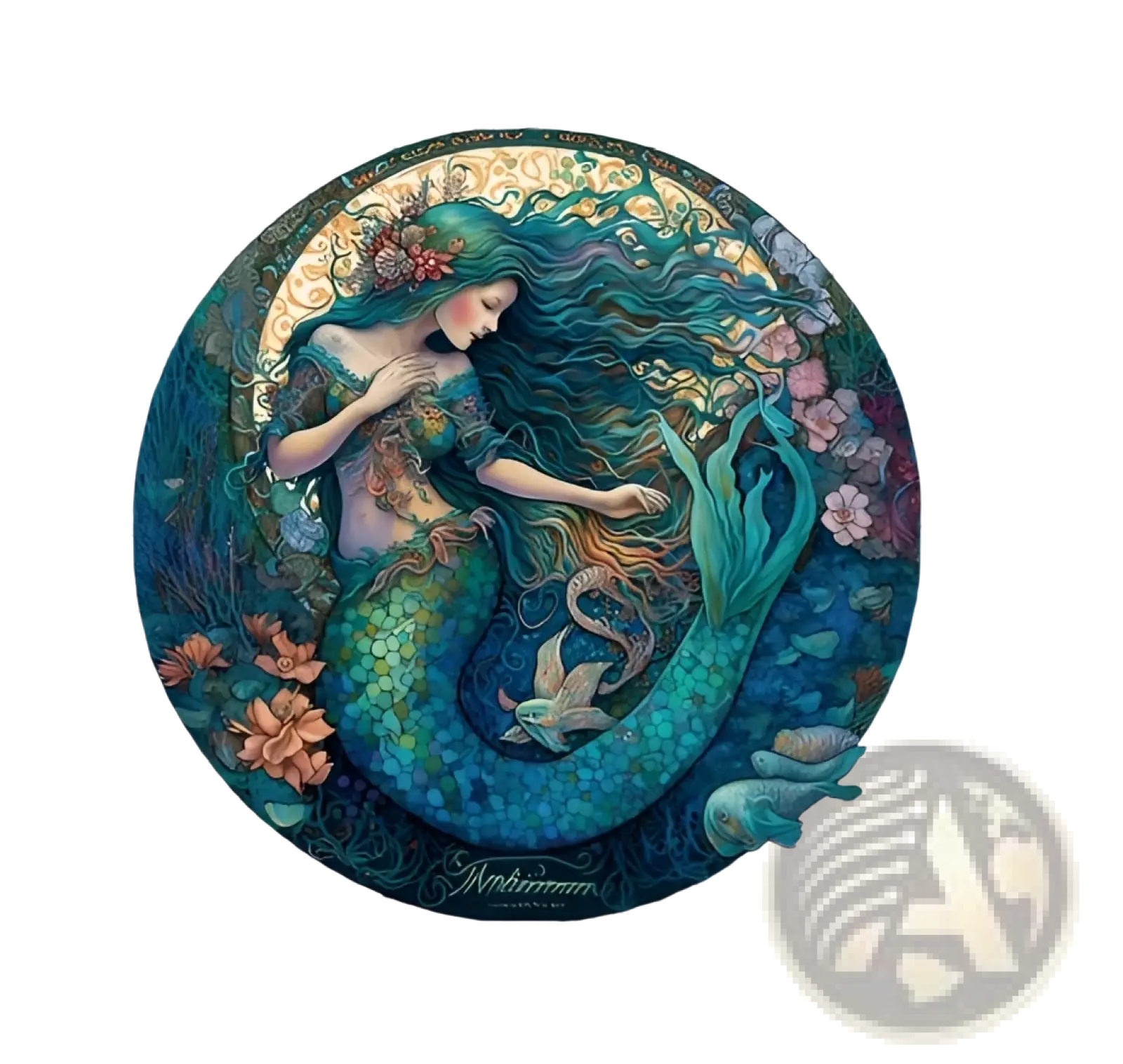 A circular premium wooden puzzle featuring a detailed mermaid with teal hair and aquatic flora from Wooden Animal and Yin Yang Jigsaw Puzzle Set