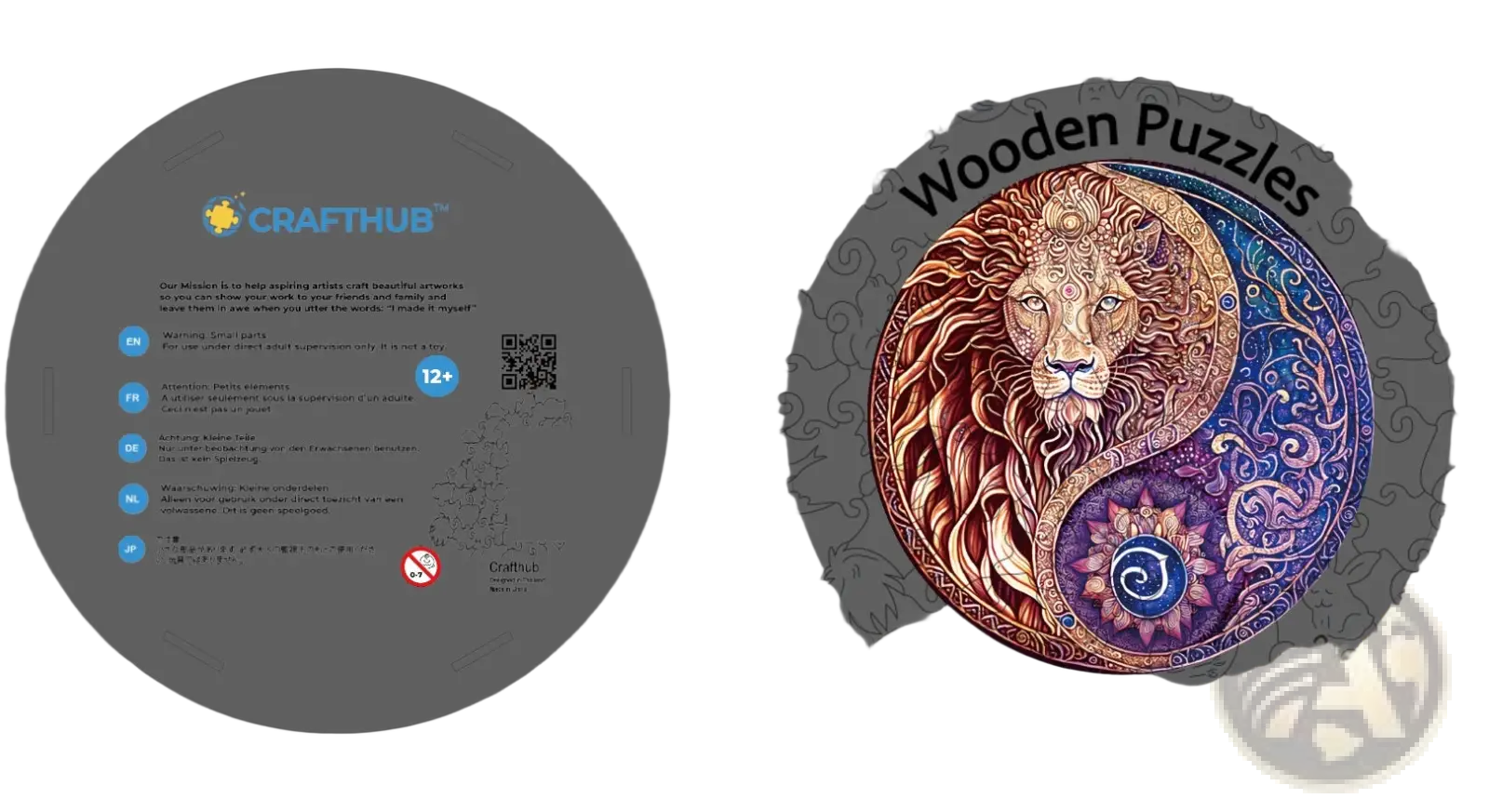 Wooden animal and yin yang jigsaw puzzle featuring a vibrant lion face with intricate patterns and detailed design