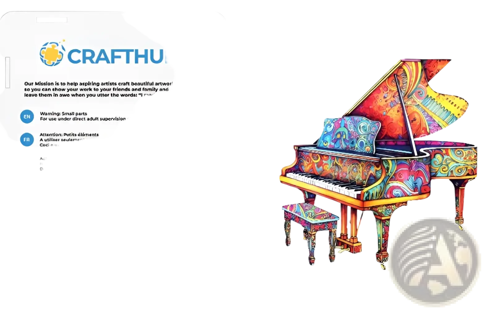 A vibrantly colored wooden grand piano puzzle with intricate patterns from crafthub in the wooden animal and yin yang set