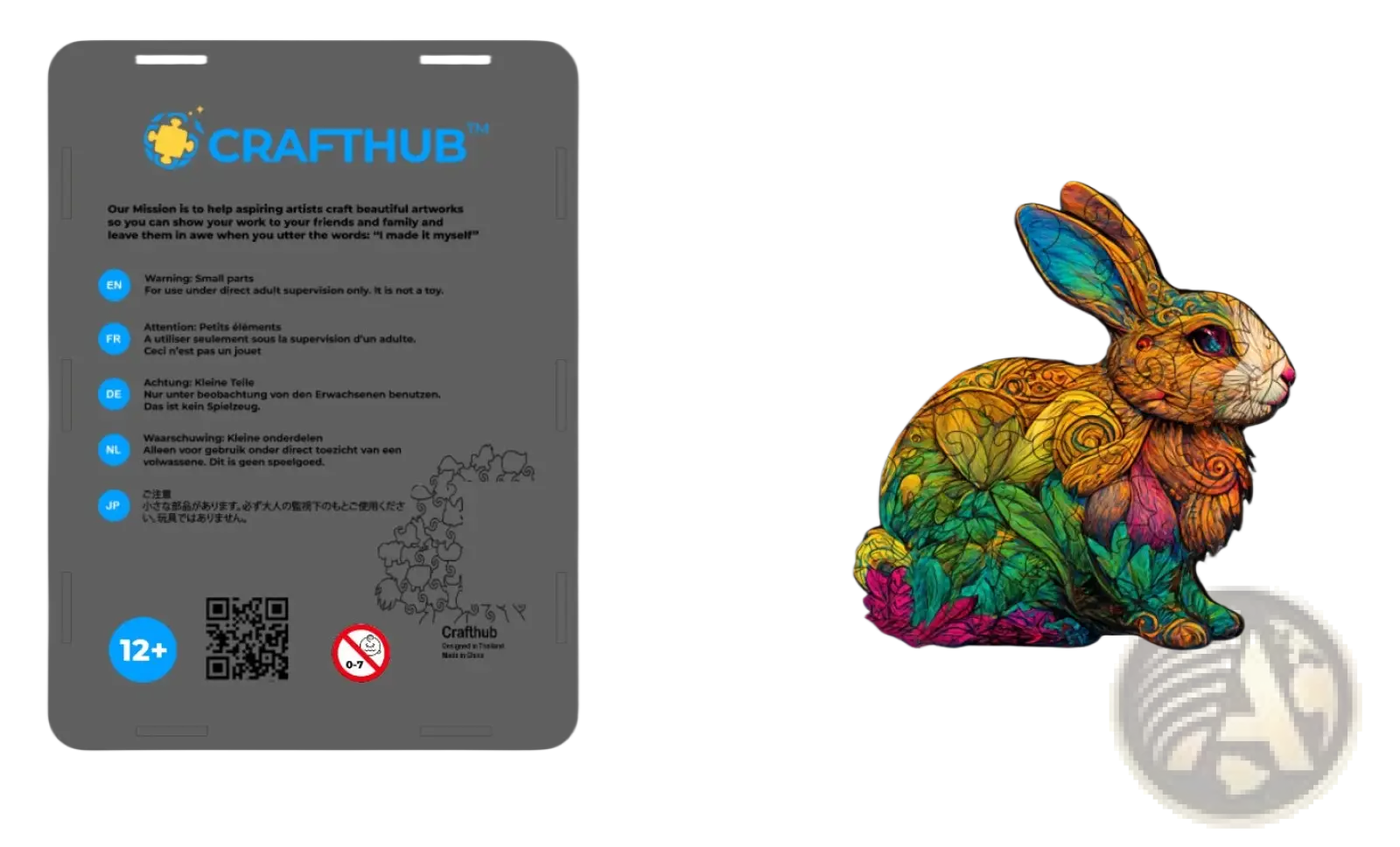 A vibrantly colored intricately patterned wooden rabbit puzzle from crafthub in the wooden animal and yin yang jigsaw set