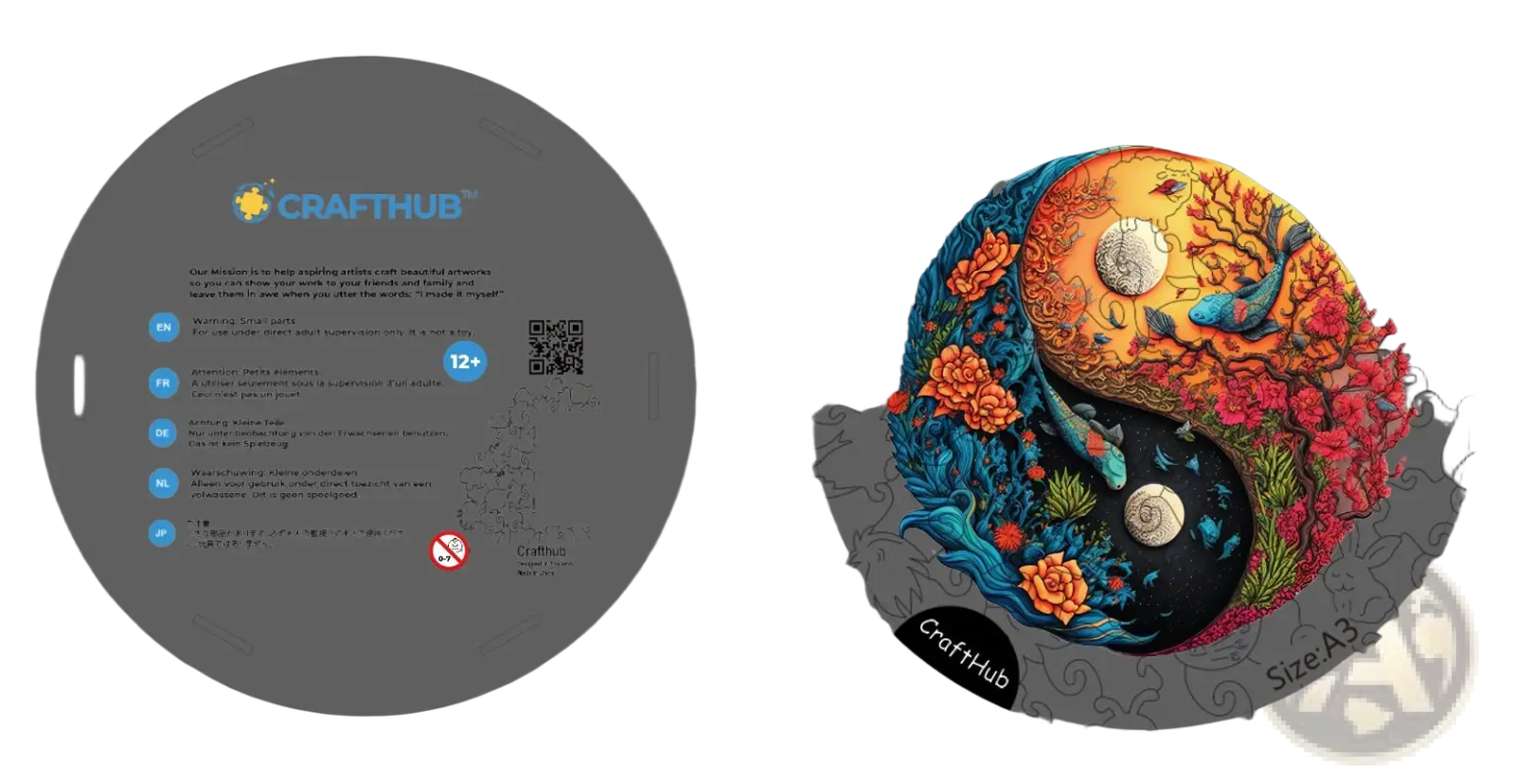 A vibrant wooden animal and yin yang jigsaw puzzle set featuring colorful floral and aquatic elements inlaid design