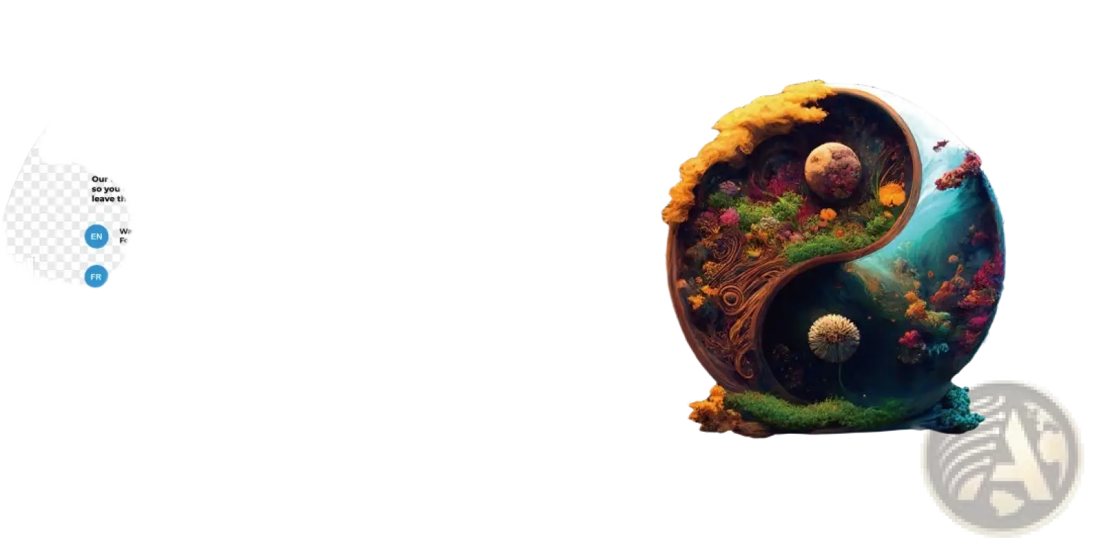 Wooden animal and yin yang jigsaw puzzle set featuring a vibrant yin-yang design with lush greenery and aquatic elements