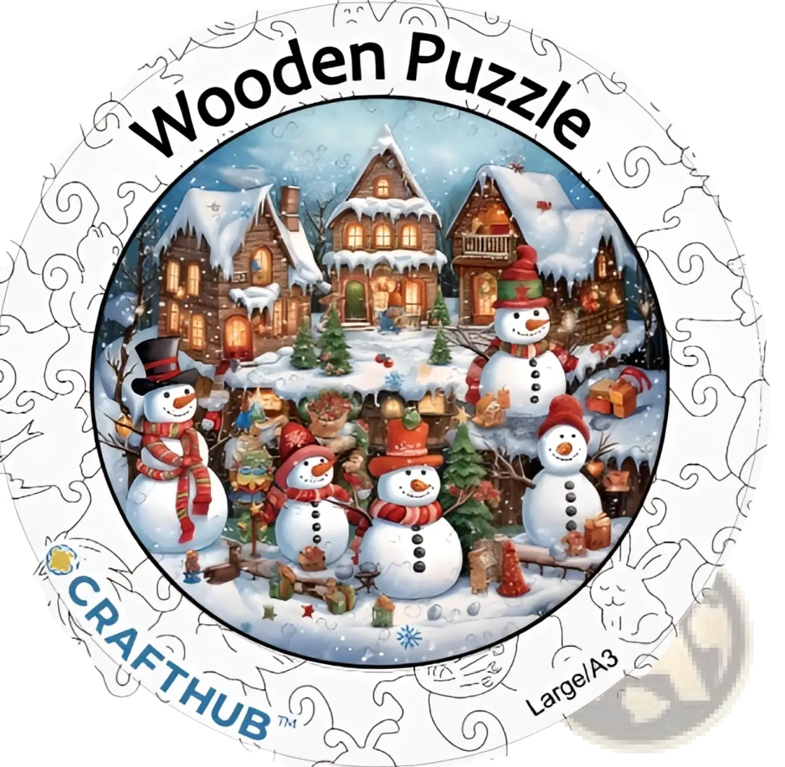 Circular wooden puzzle from wooden animal and yin yang jigsaw puzzle set featuring festive winter village with snowmen