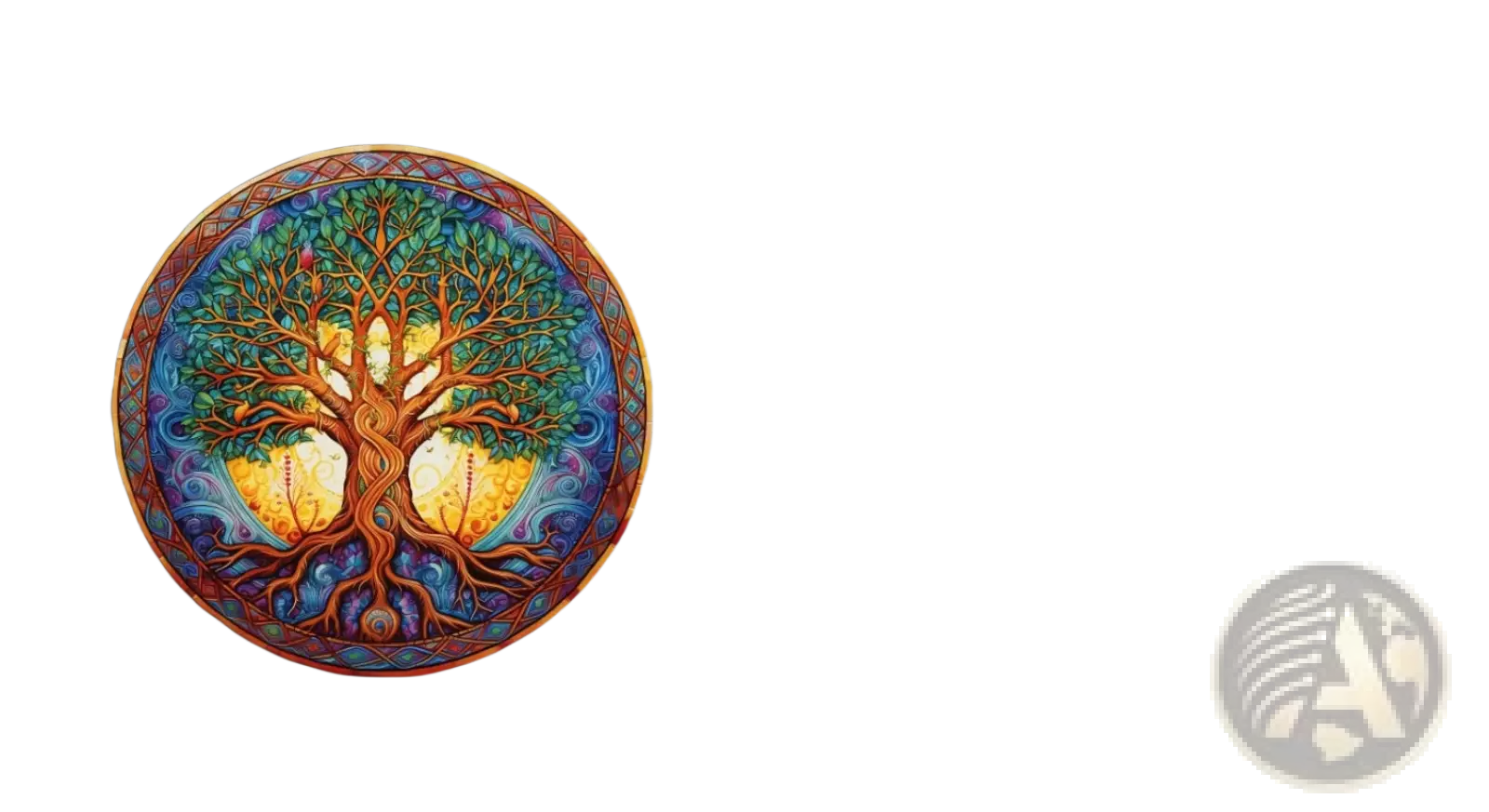 A circular wooden animal and yin yang jigsaw puzzle featuring a vibrant tree of life with blue and green patterns