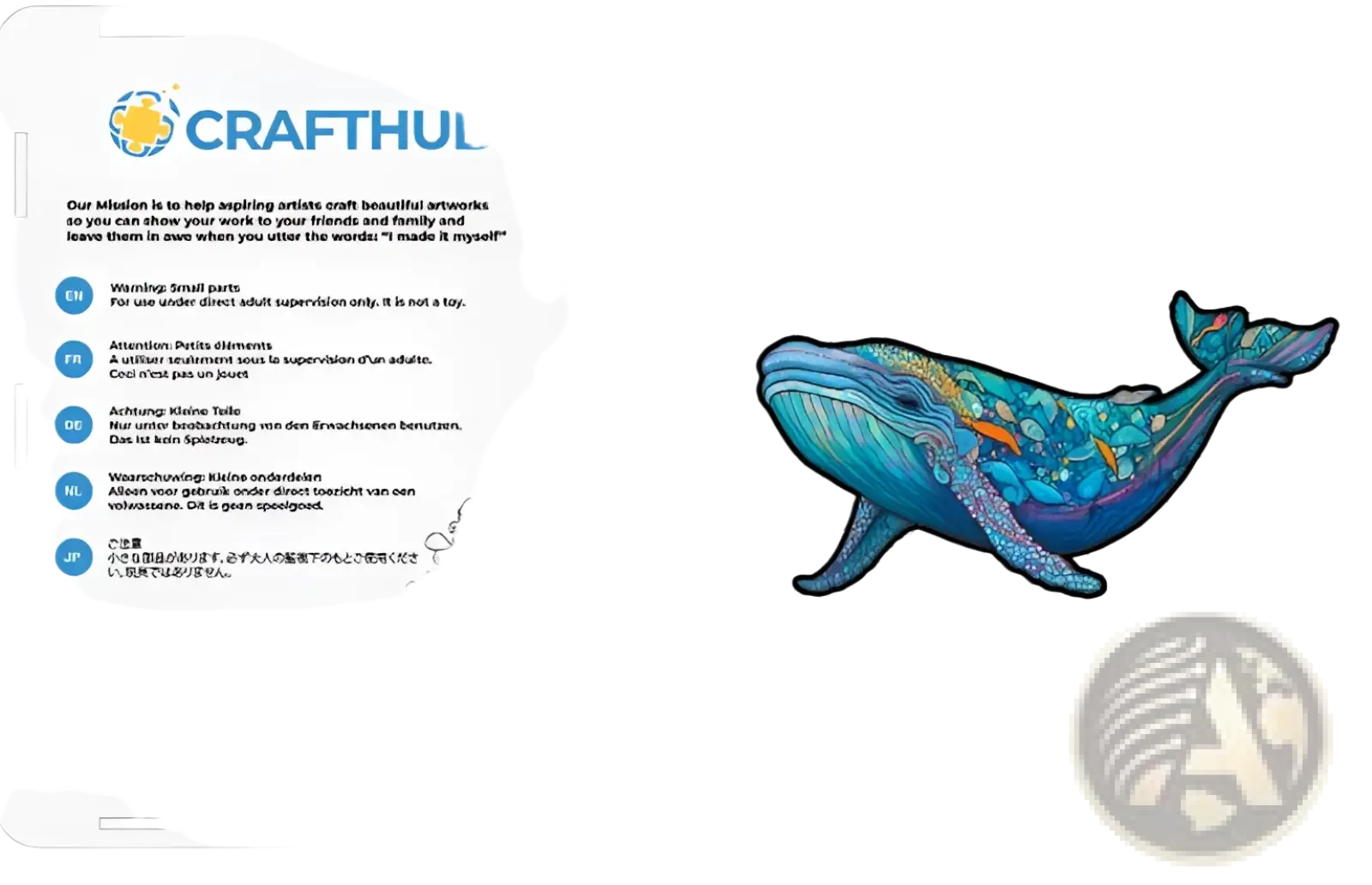 A vibrant blue whale-shaped wooden puzzle with intricate oceanic patterns and orange accents by crafthub