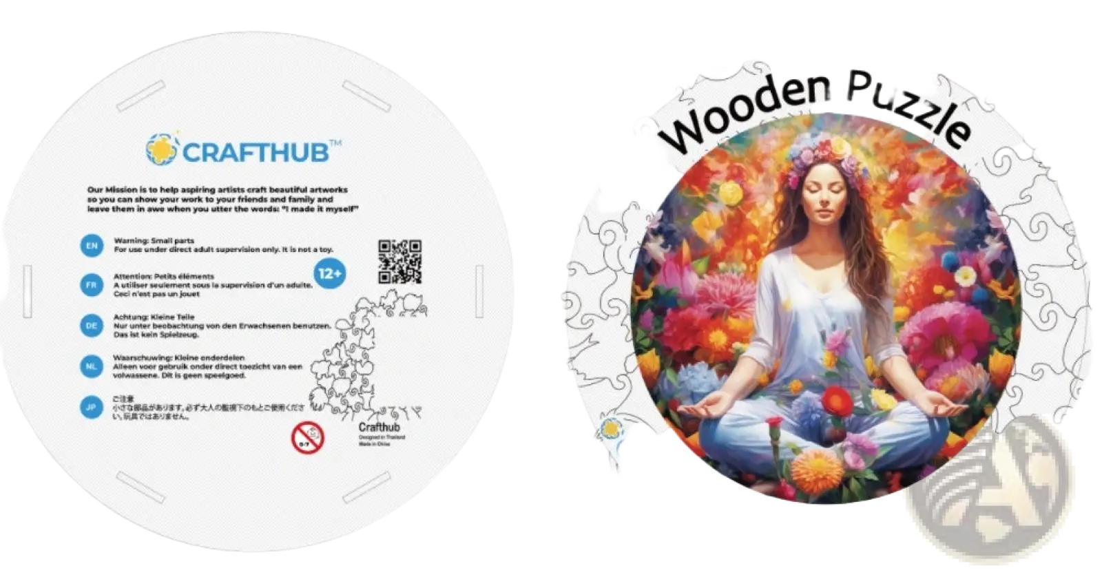 Circular wooden puzzle featuring a vibrant colorful illustration of a woman meditating amidst flowers from the wooden animal and yin yang jigsaw puzzle set