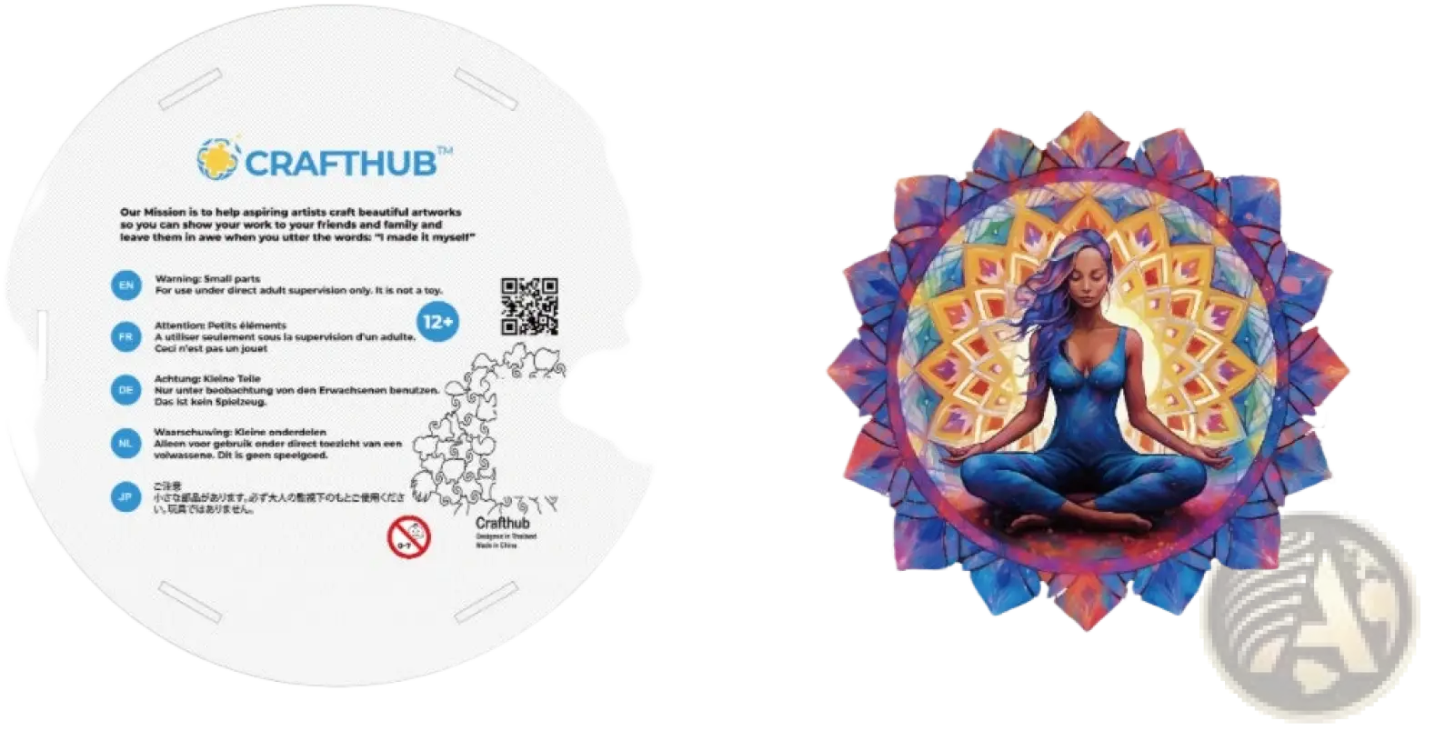 Circular wooden jigsaw puzzle featuring a colorful mandala and blue meditating woman from Animal and Yin Yang set