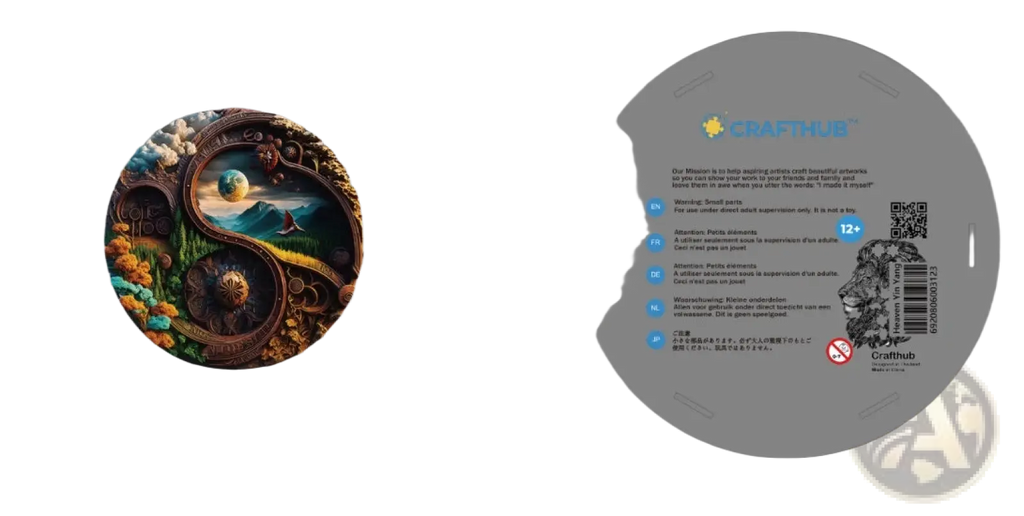 A circular wooden yin yang jigsaw puzzle by crafthub featuring intricate landscapes and celestial elements