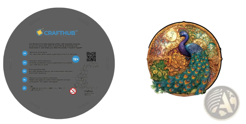 Circular wooden animal and yin yang jigsaw puzzle featuring a colorful peacock with intricate patterns and gold accents