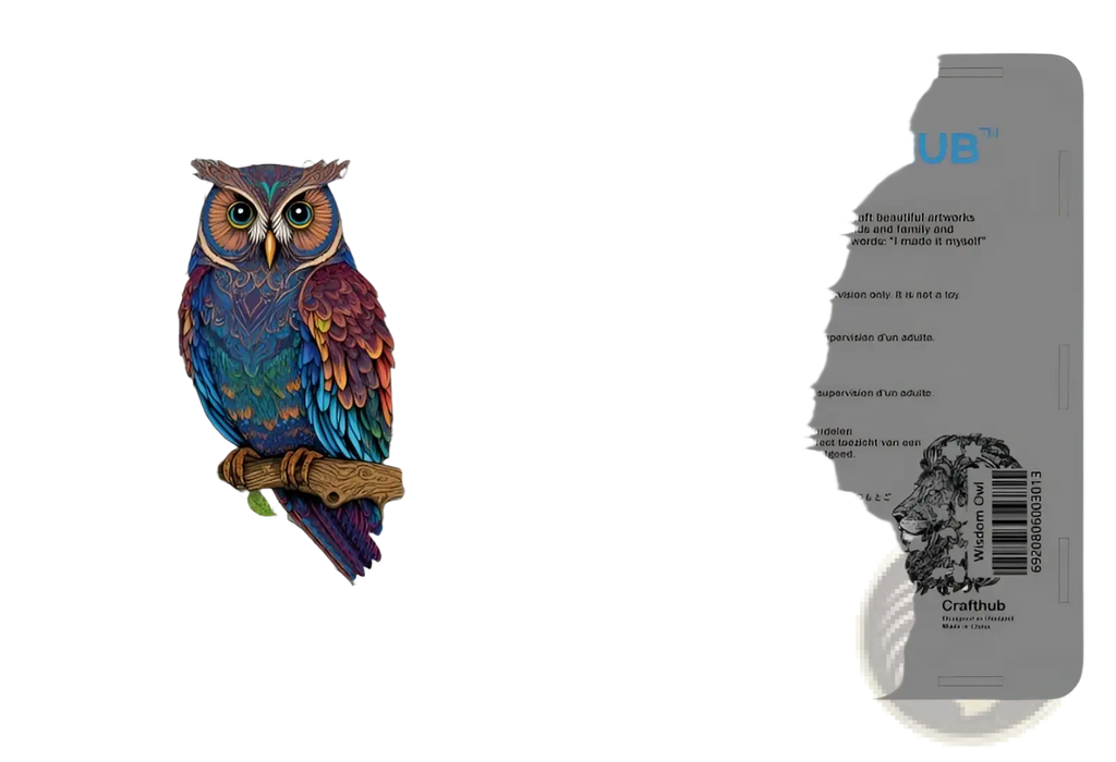 Colorful wooden animal and yin yang jigsaw puzzle featuring an intricately detailed owl with vibrant blue and purple feathers in a wooden frame