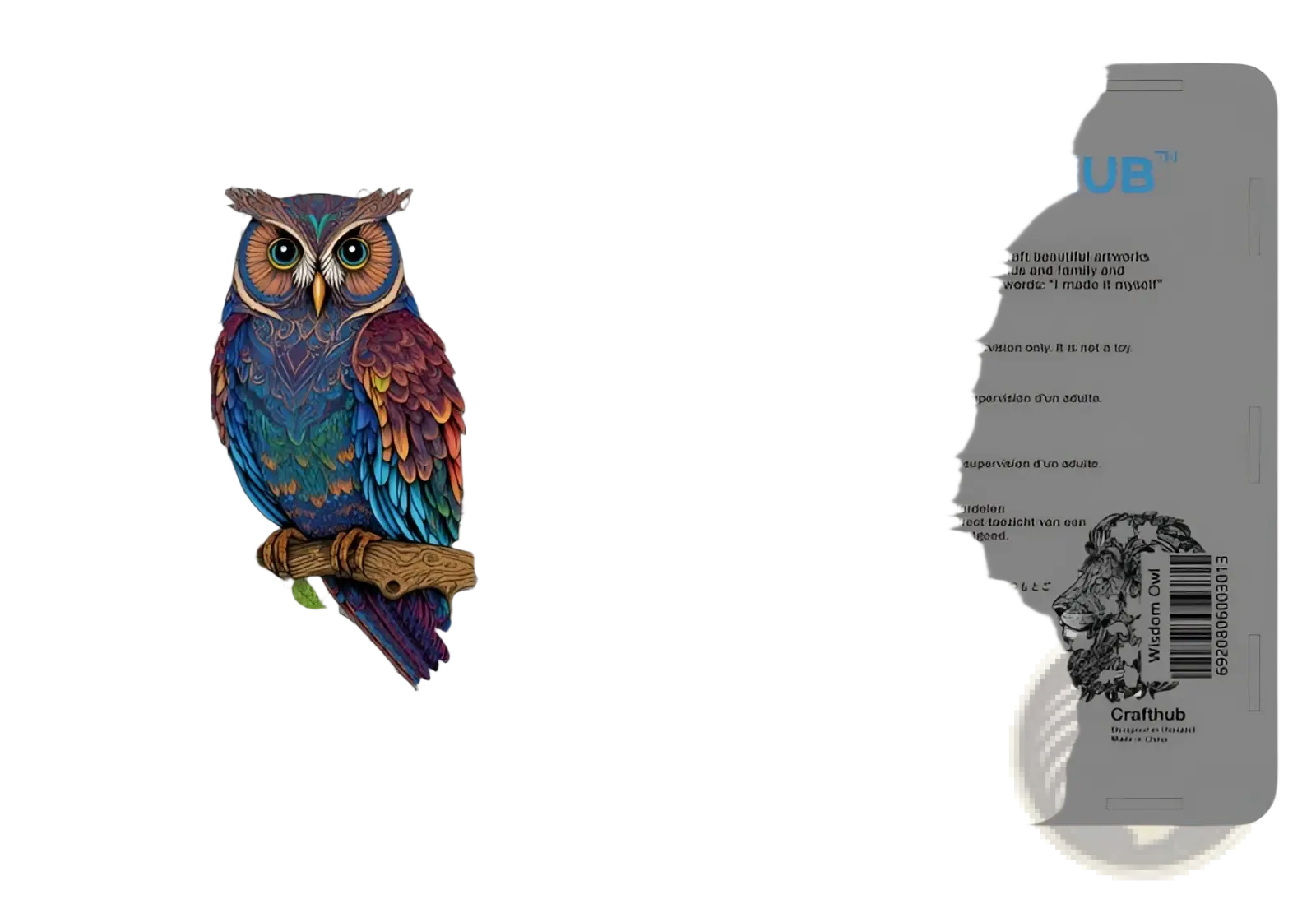Colorful wooden animal and yin yang jigsaw puzzle featuring an intricately detailed owl with vibrant blue and purple feathers in a wooden frame