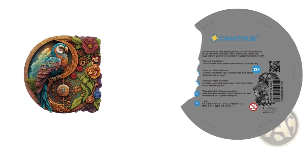 A colorful intricately carved wooden jigsaw puzzle featuring a vibrant parrot and floral yin yang design
