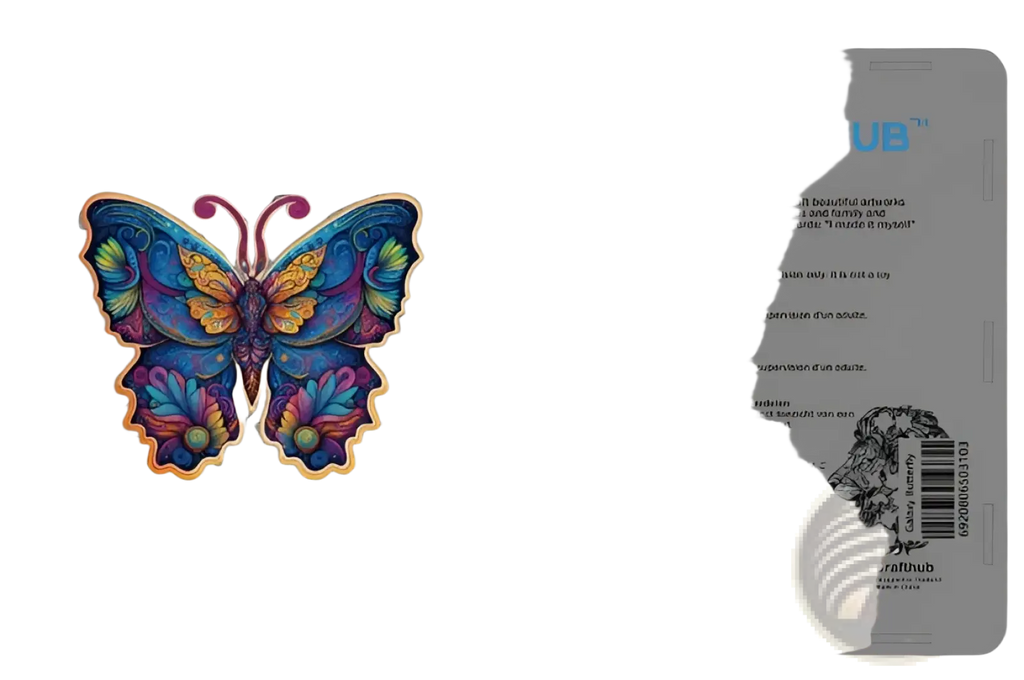 Vibrant wooden butterfly puzzle in colorful stained-glass style from wooden animal and yin yang jigsaw puzzle set