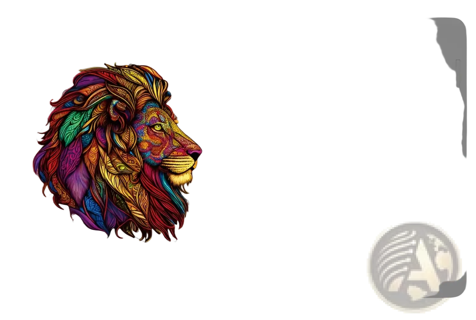 A vibrantly colored wooden animal jigsaw puzzle featuring a lion’s head with intricate rainbow patterns and yin yang design