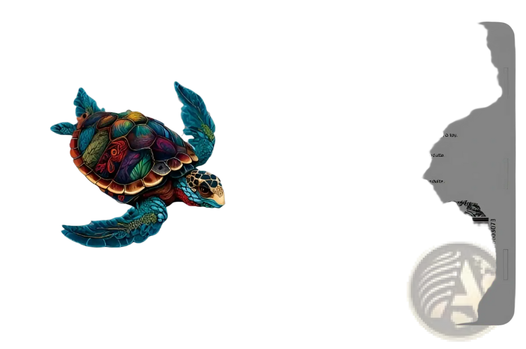 A vibrantly colored intricately detailed sea turtle wooden puzzle from crafthub in the animal and yin yang set