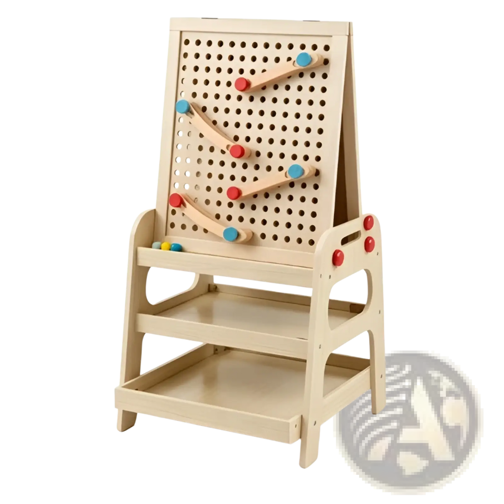 Wooden art easel with marble run and storage shelves featuring a beige wooden pegboard and colorful rolling balls