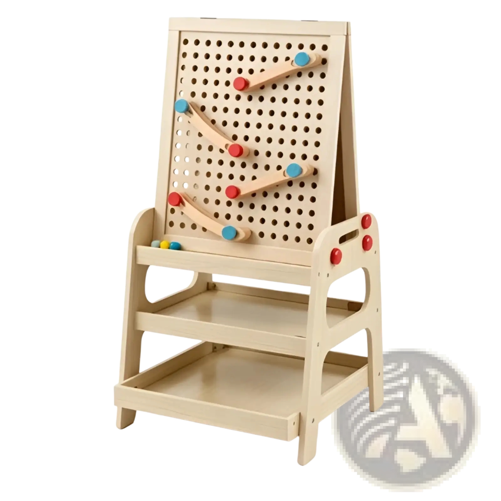 Wooden art easel with marble run and storage shelves featuring a beige wooden pegboard and colorful rolling balls
