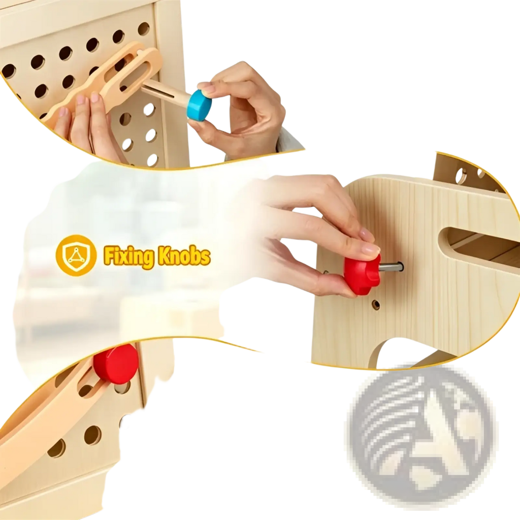 Wooden art easel with marble run and storage shelves featuring light-colored wooden toy construction set with removable tracks and colored knobs