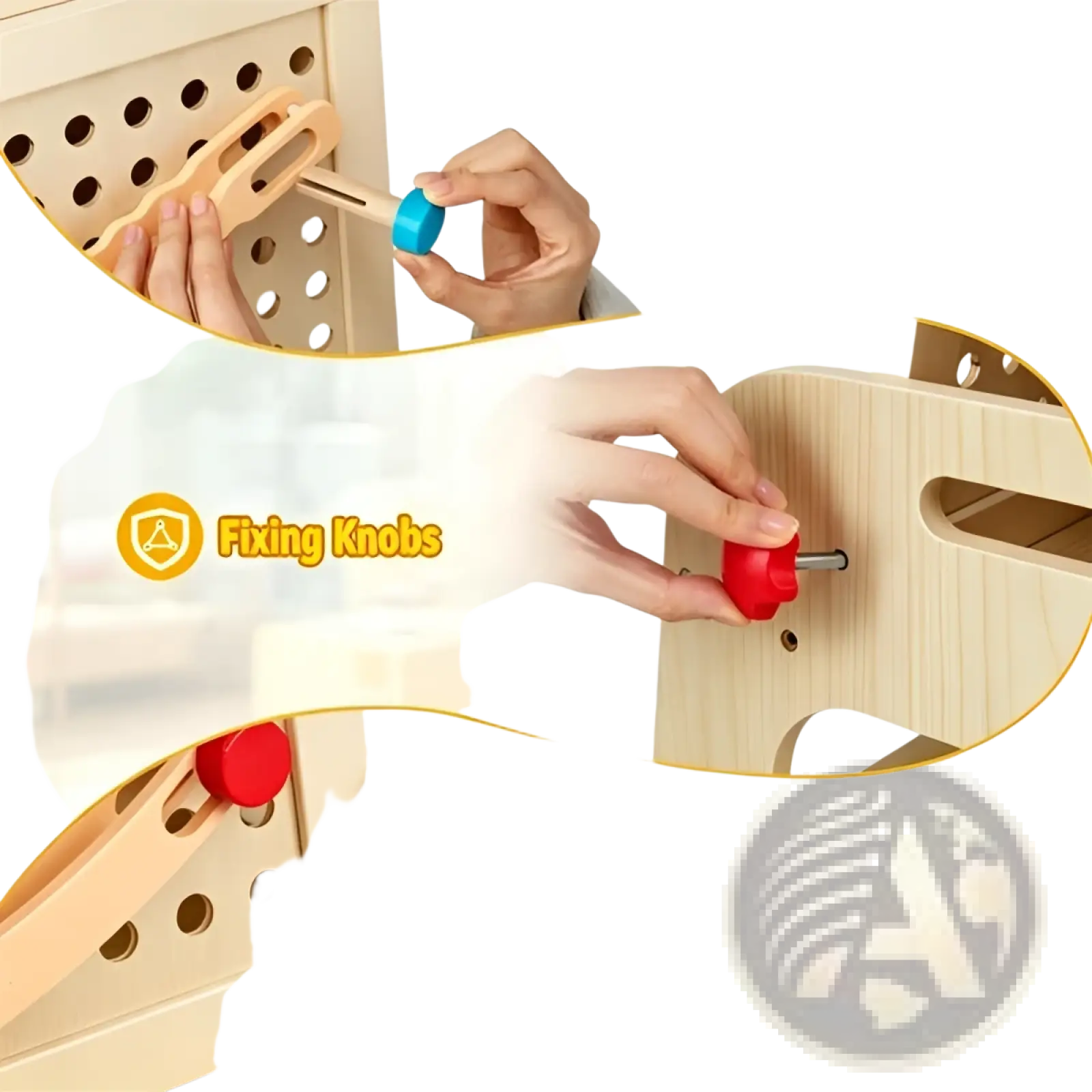 Wooden art easel with marble run and storage shelves featuring light-colored wooden toy construction set with removable tracks and colored knobs