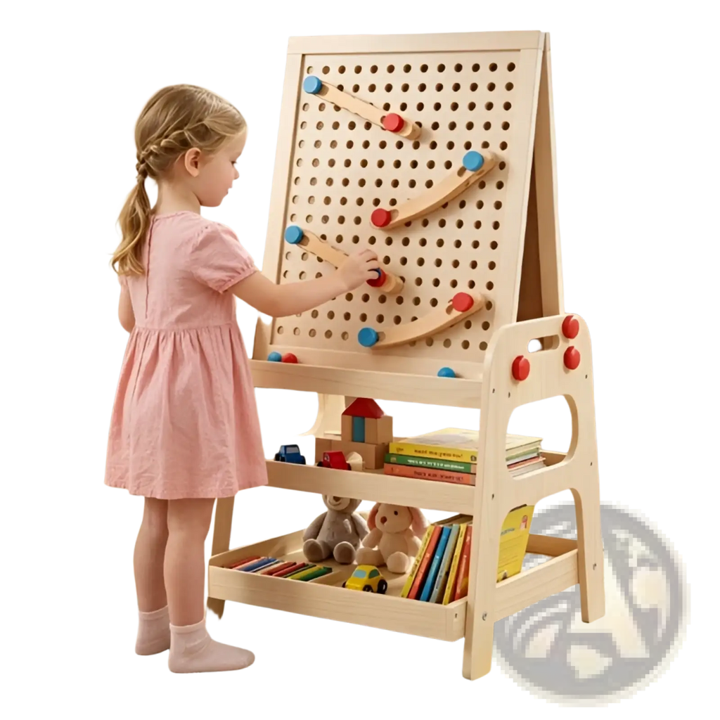 Light-colored wooden art easel with marble run and pegs featuring colorful rolling pieces and storage shelves