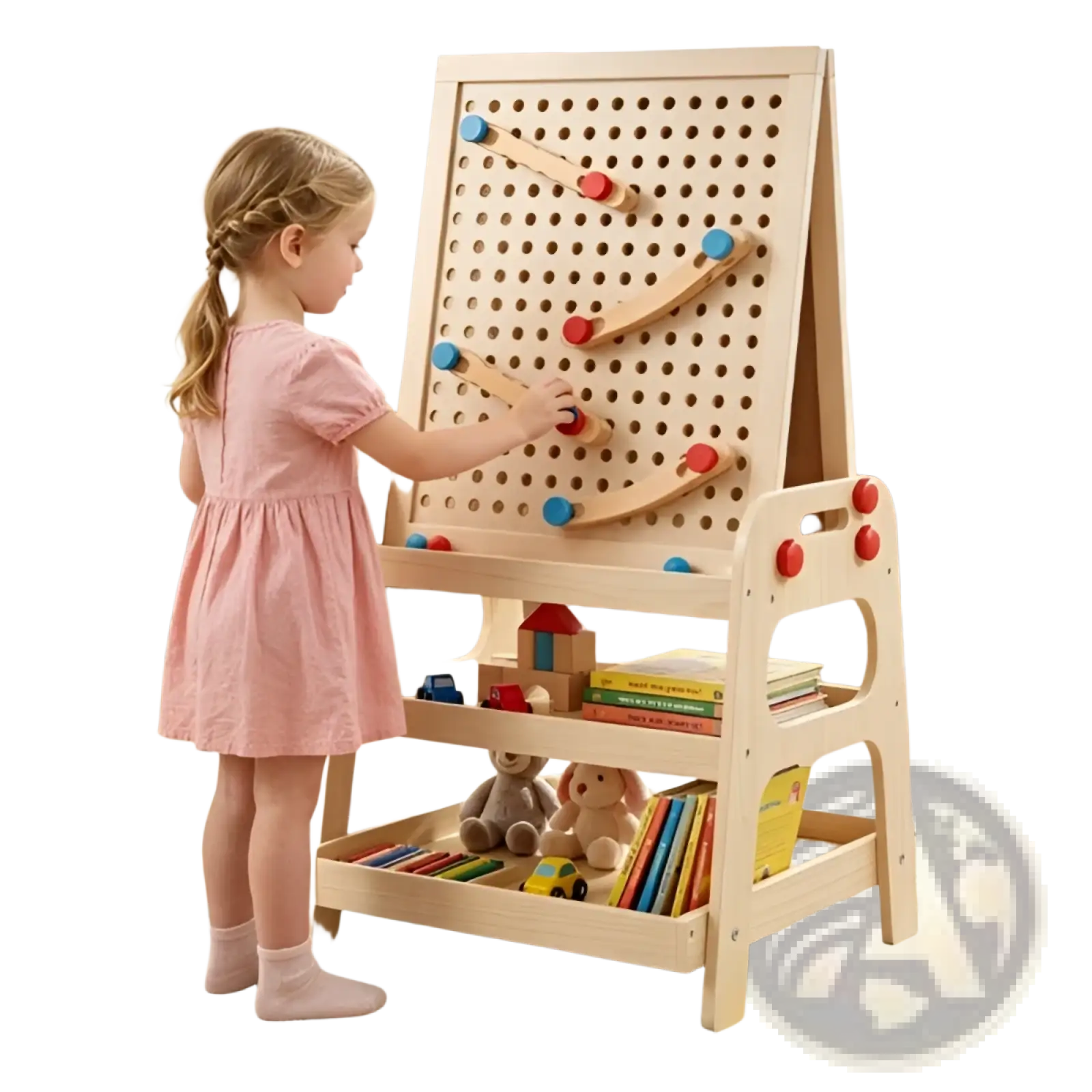 Light-colored wooden art easel with marble run and pegs featuring colorful rolling pieces and storage shelves