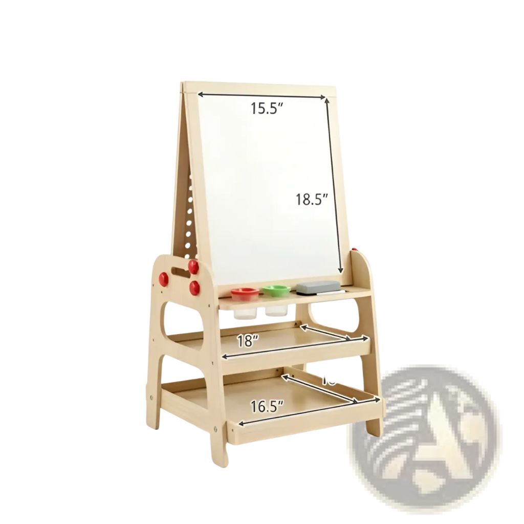 Wooden art easel with marble run and storage shelves light-colored wood white magnetic board and colorful paint cups