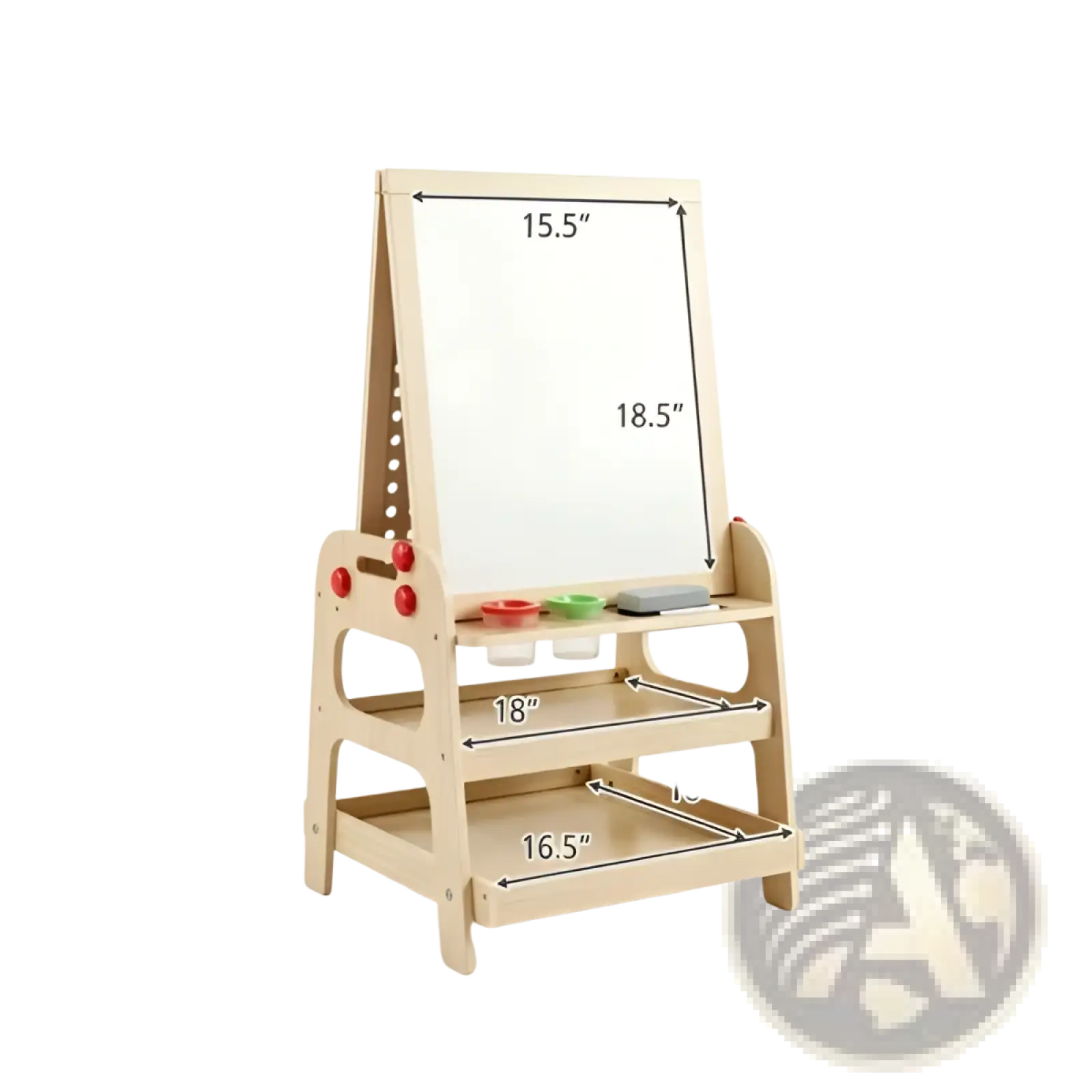 Wooden art easel with marble run and storage shelves light-colored wood white magnetic board and colorful paint cups