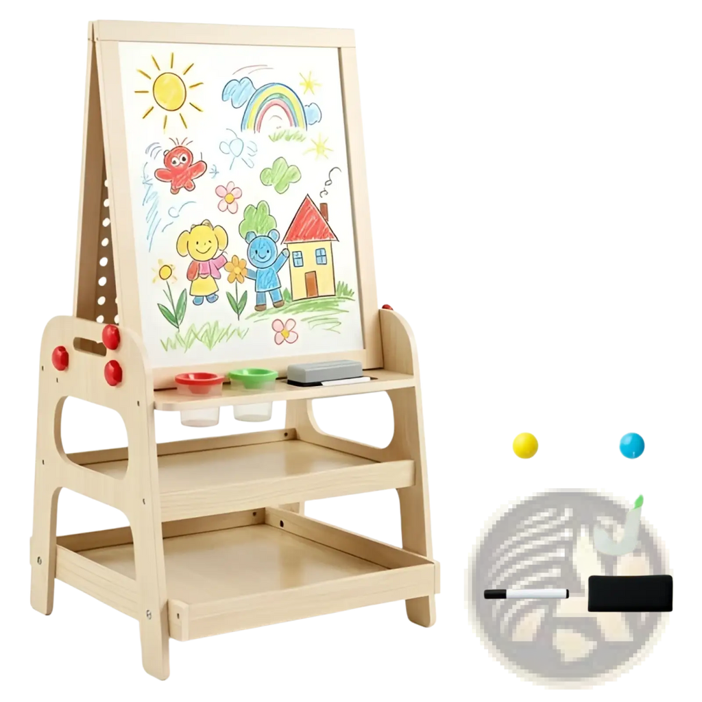 Light wood wooden art easel with white magnetic board colorful drawings marble run and storage shelves for children