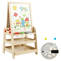 Light wood wooden art easel with white magnetic board colorful drawings marble run and storage shelves for children
