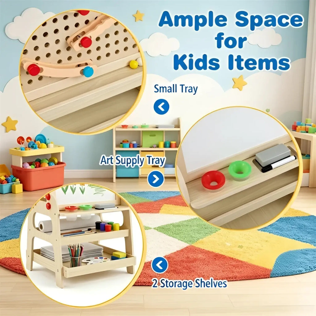 Light wood two-tiered wooden art easel with marble run and storage shelves for kids art supplies organization