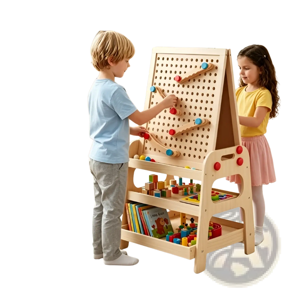 Light wood-colored wooden art easel with marble run, pegs, ramps, and colorful balls for children’s play and storage shelves
