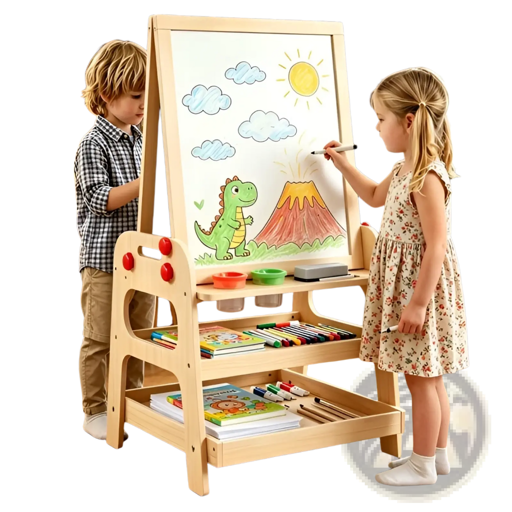 Light wood children’s wooden art easel with marble run, built-in storage shelves, and red circular handles