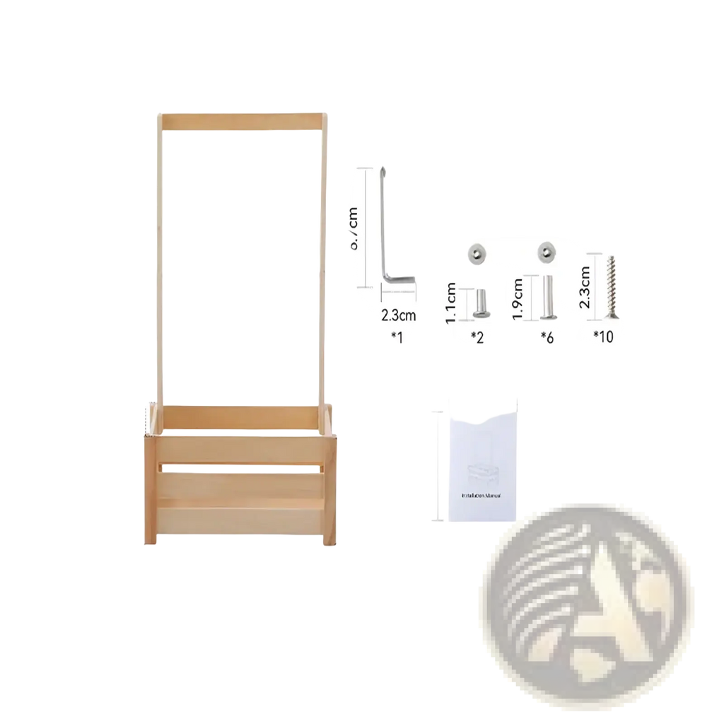 Light-colored wooden baby storage basket with rectangular frame and two horizontal slats for nursery decor