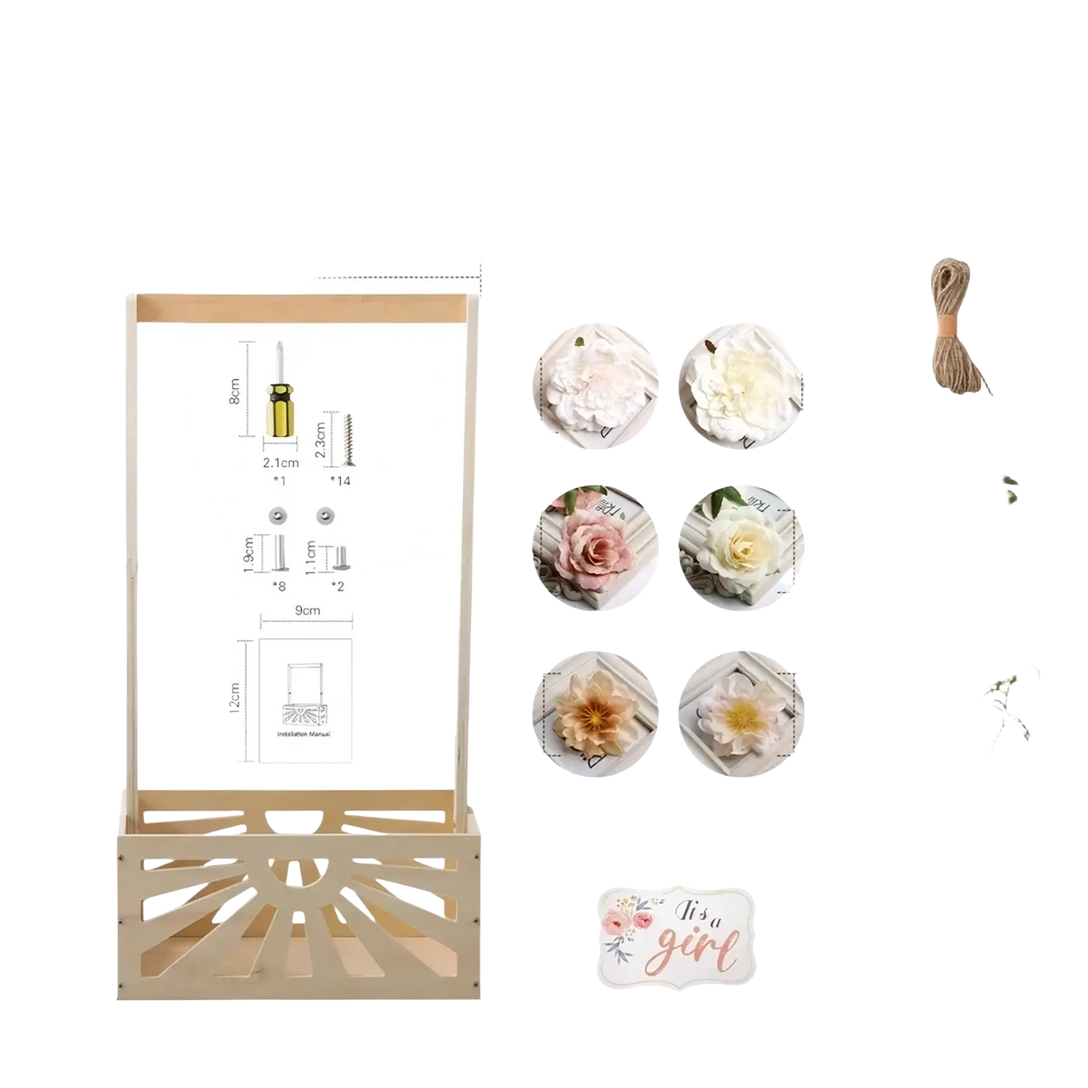 Beige wooden baby storage basket nursery decor with milestone wall display, floral decals, and hanging plant garland