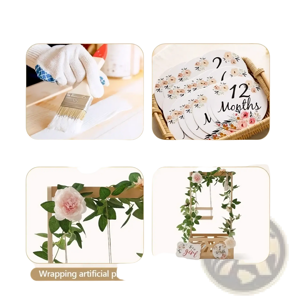 Floral-patterned baby milestone markers with soft pink and beige blossoms on smooth white paper for wooden baby storage baskets