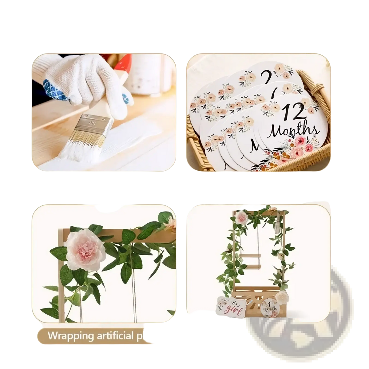 Floral-patterned baby milestone markers with soft pink and beige blossoms on smooth white paper for wooden baby storage baskets