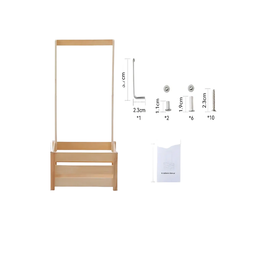 Light-colored wooden baby storage basket with rectangular frame and two horizontal slats for nursery decor