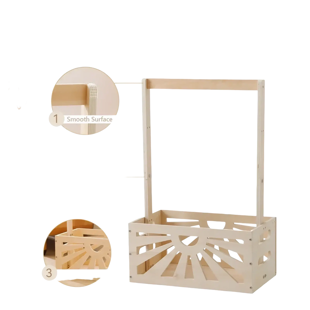 Wooden baby storage basket in light wood with sunburst cutout and rounded edges for nursery decor
