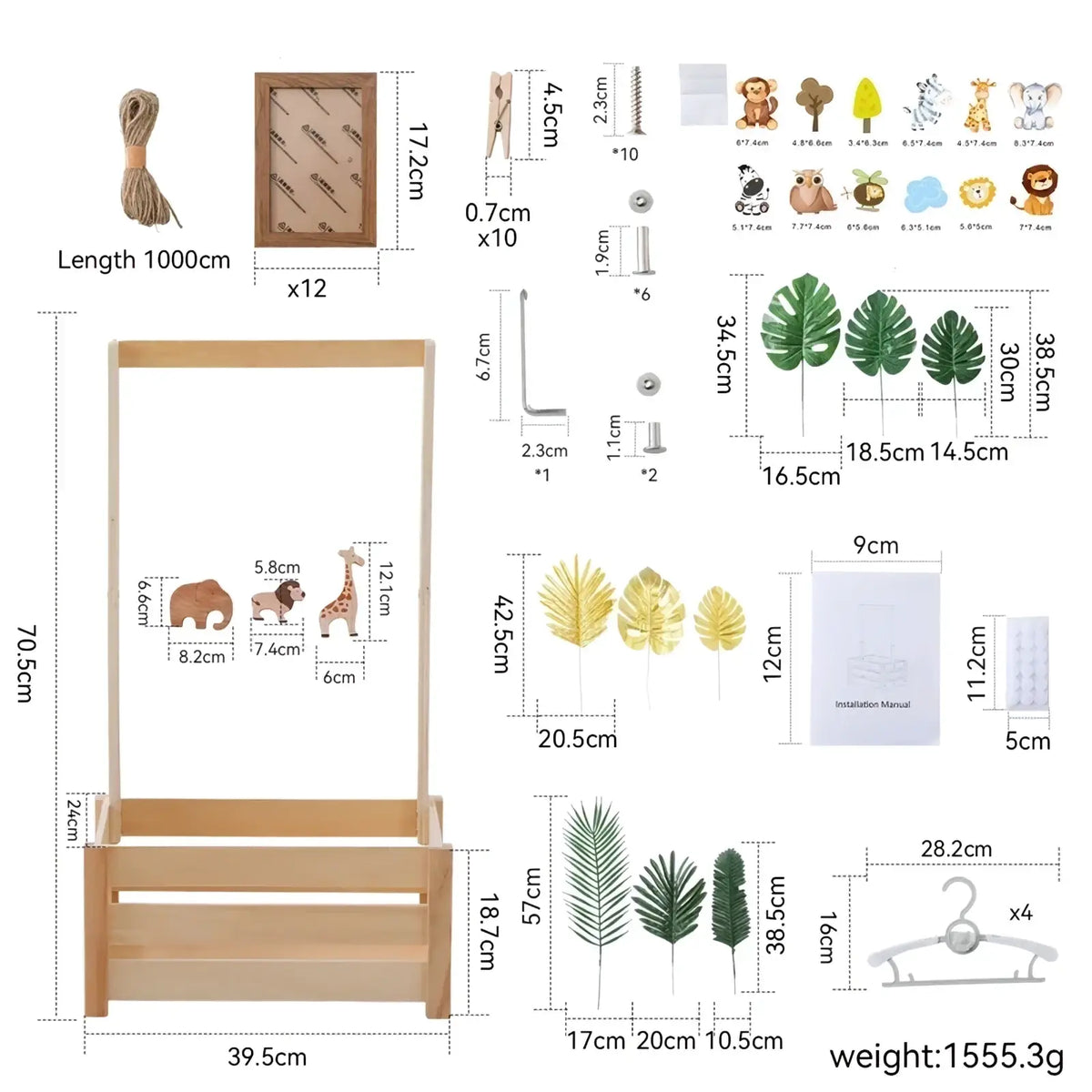Light wood children’s wooden coat rack with storage shelves and hanging hooks for nursery baby storage basket decor
