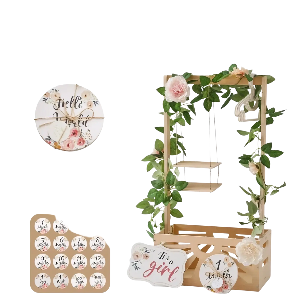 Wooden baby storage basket nursery decor with a wooden milestone stand, hanging shelf, greenery, and pink flowers
