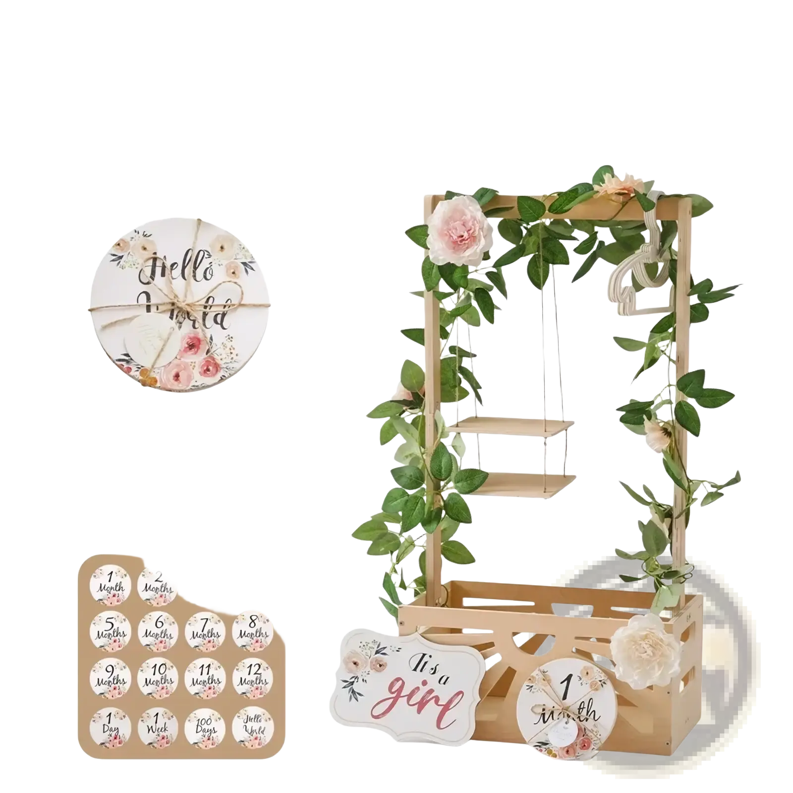 Wooden baby storage basket nursery decor with a wooden milestone stand, hanging shelf, greenery, and pink flowers