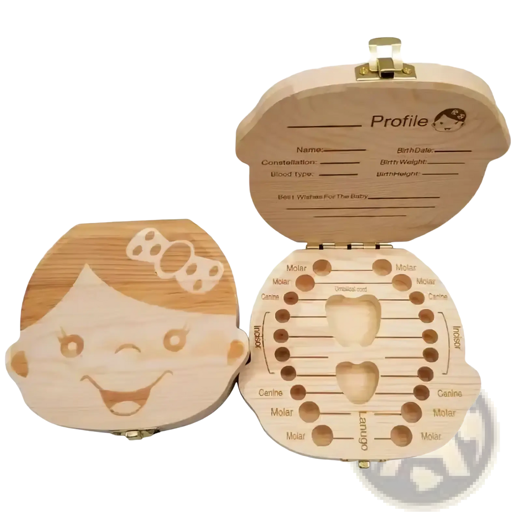 Light-colored wooden baby tooth storage box with smiling face design and labeled slots for tooth keepsake organization