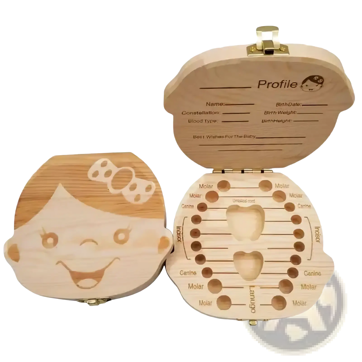 Light-colored wooden baby tooth storage box with smiling face design and labeled slots for tooth keepsake organization