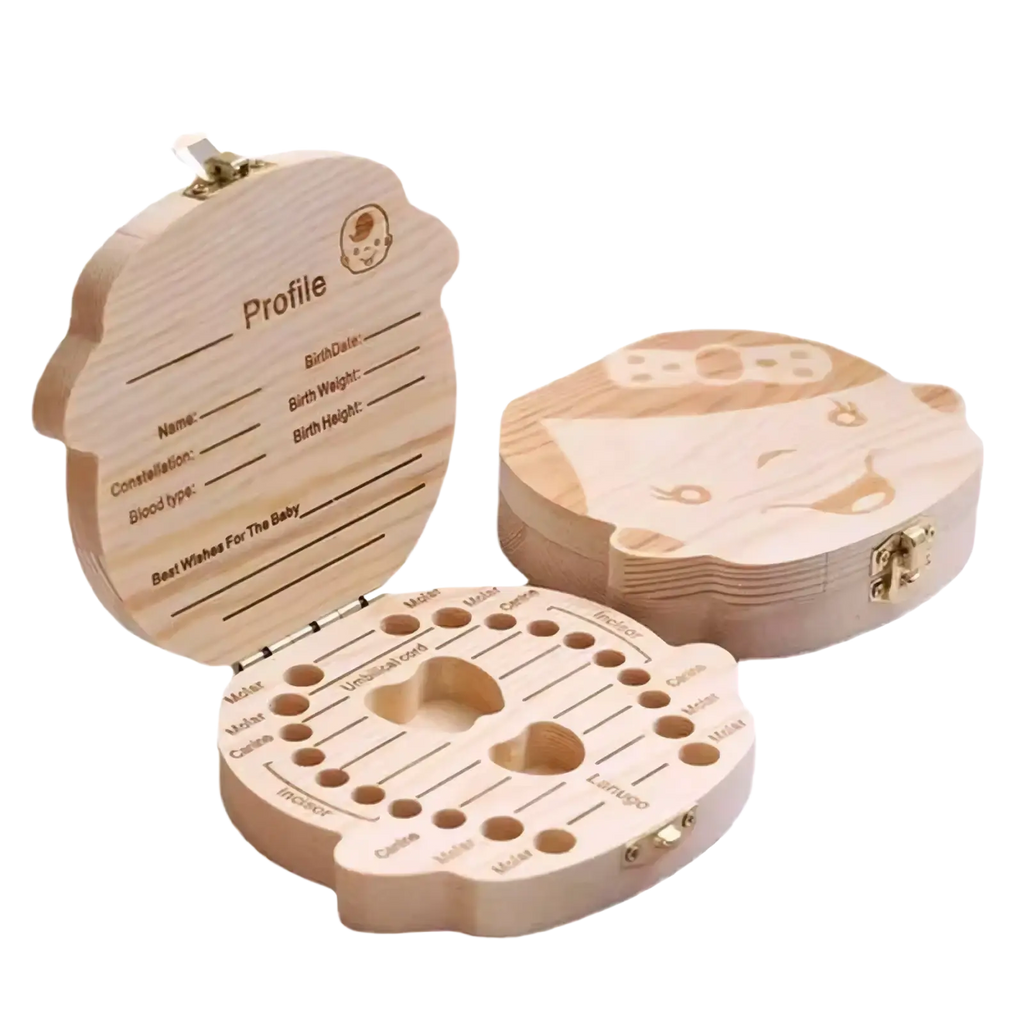 Light-colored wooden baby tooth storage box with engraved lines labels and bear face design for keepsake organizing